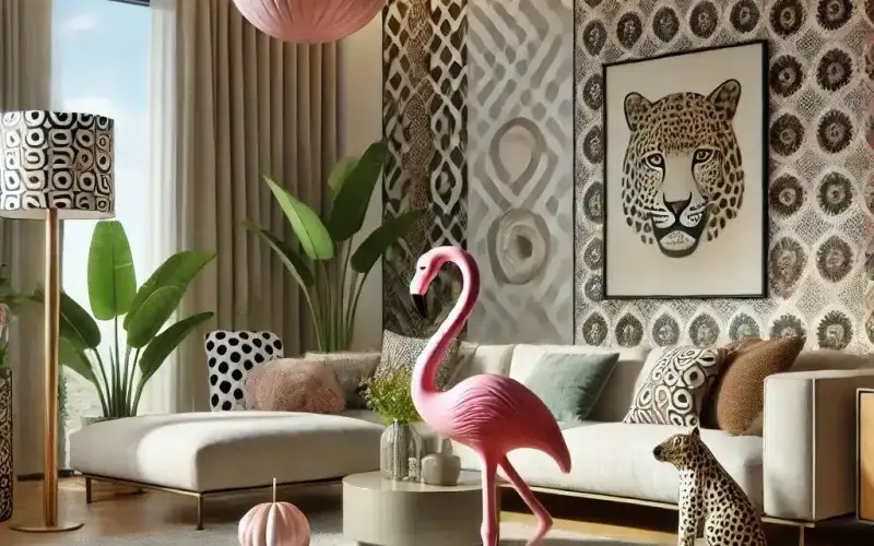 Interior de estilo kitsch con cortinas coloridas y decoración expresiva