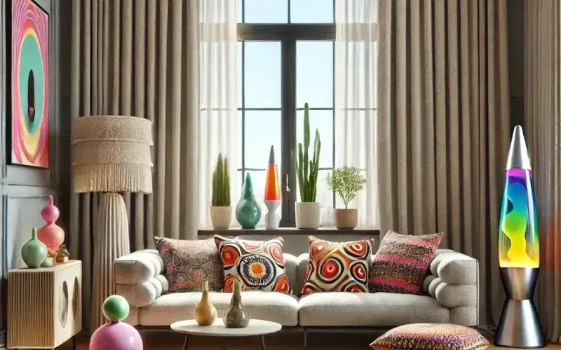 Cortinas estilo kitsch sutil en salón elegante con acentos decorativos