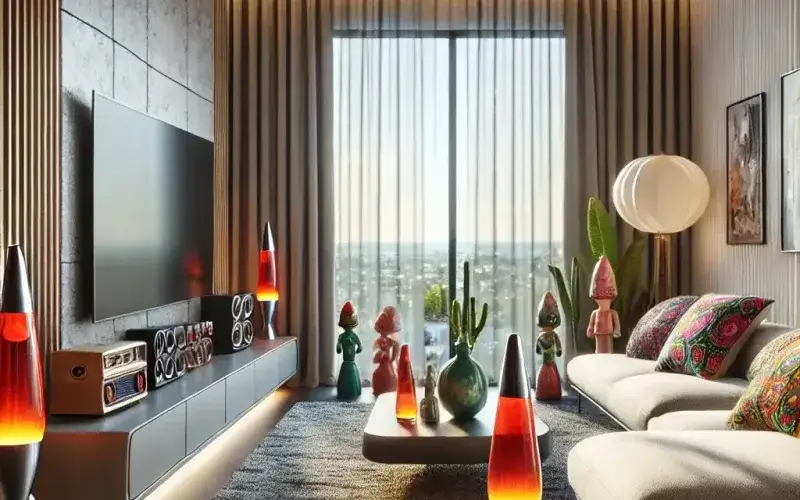 Cortinas estilo kitsch sutil en salón contemporáneo con diseño icónico