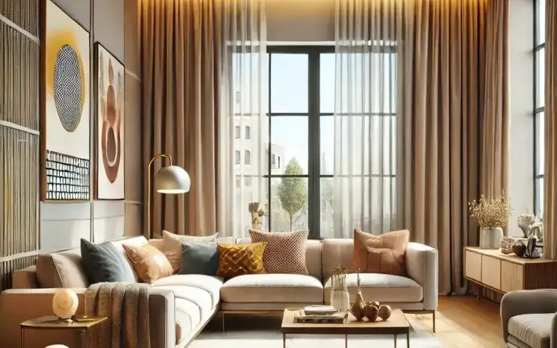 Cortinas estilo kitsch sutil en salón contemporáneo de líneas suaves