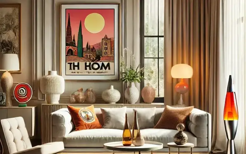 Cortinas estilo kitsch sutil en salón elegante con guiños retro