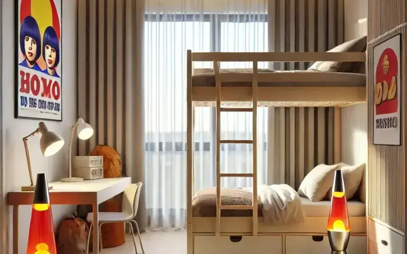 Cortinas estilo kitsch sutil en dormitorio juvenil funcional y luminoso