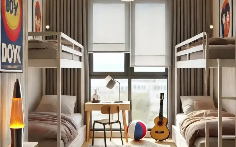 Cortinas estilo kitsch sutil en dormitorio juvenil compartido