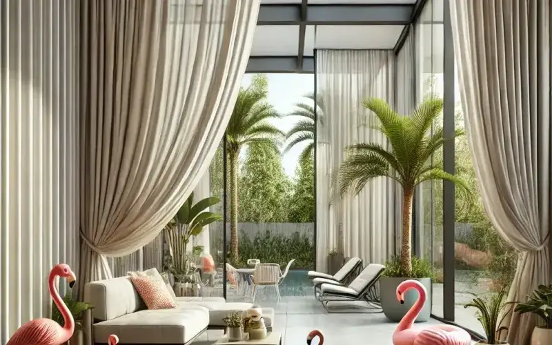 Cortinas estilo kitsch sutil en espacio interior–exterior acristalado