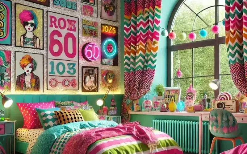 Cortinas estilo kitsch con estampados vibrantes en dormitorio creativo – TextilCort