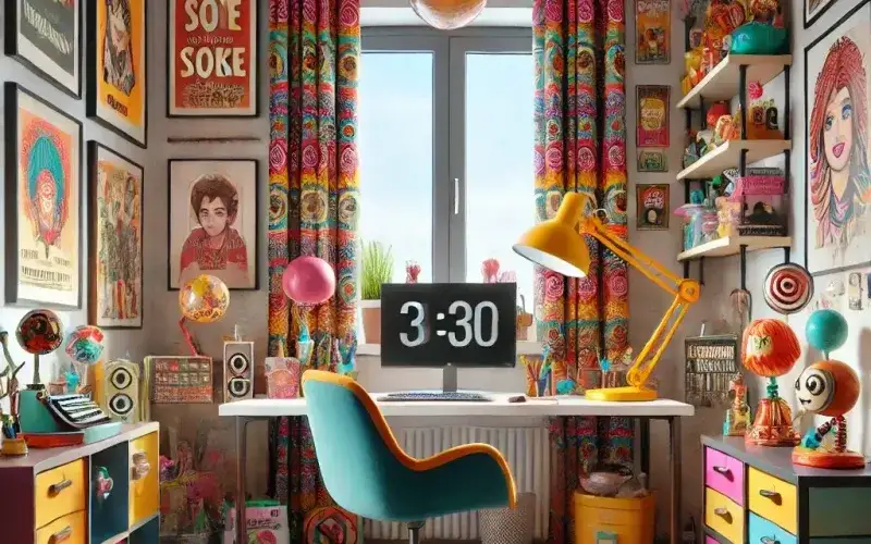 Cortinas estilo kitsch en despacho creativo con estampados coloridos – TextilCort