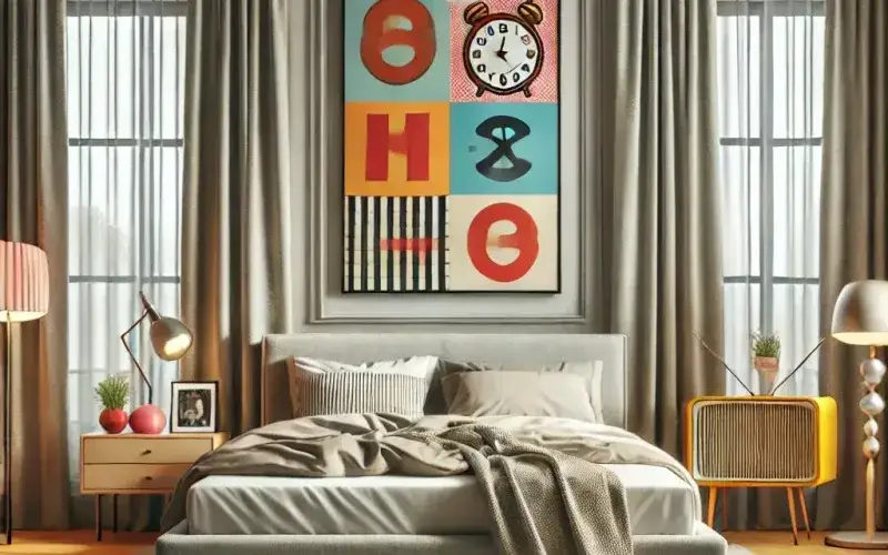 Cortinas estilo kitsch sutil en dormitorio moderno y equilibrado