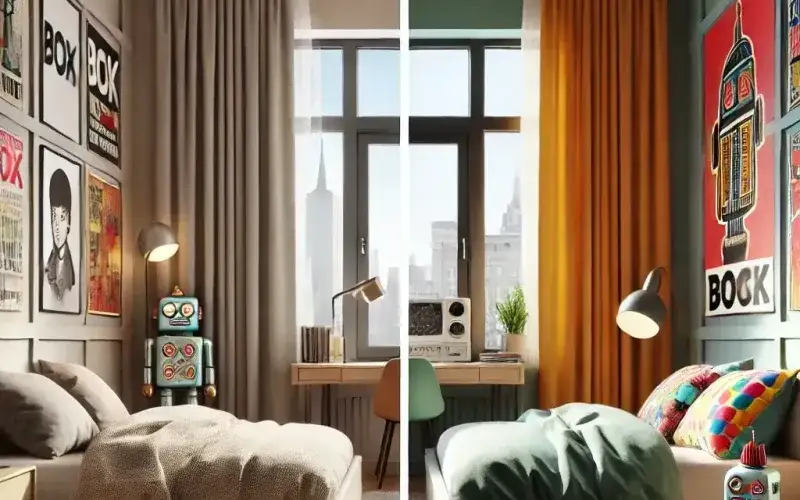 Cortinas estilo kitsch sutil en dormitorio juvenil: contraste y personalidad