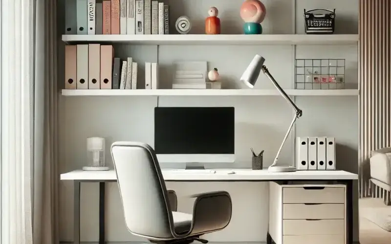 Cortinas estilo kitsch sutil en despacho moderno y minimalista