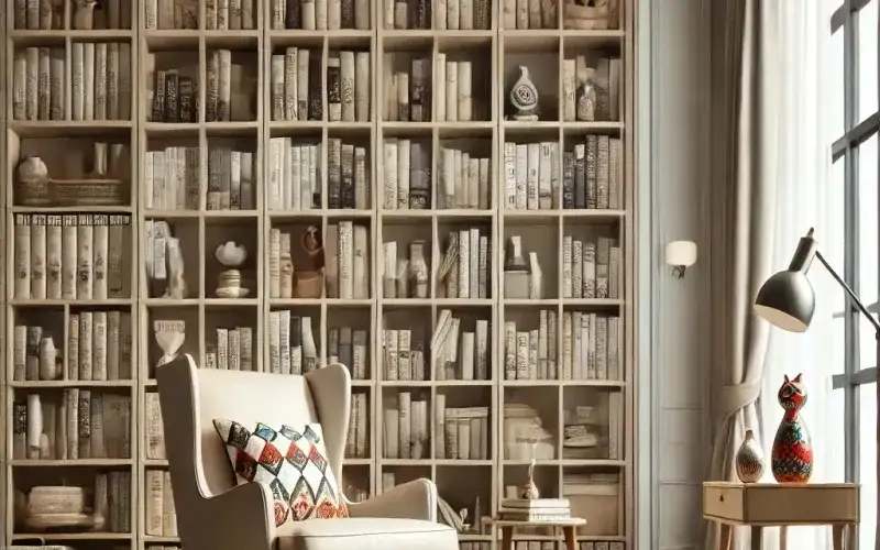 Cortinas estilo kitsch sutil en sala de lectura elegante y atemporal