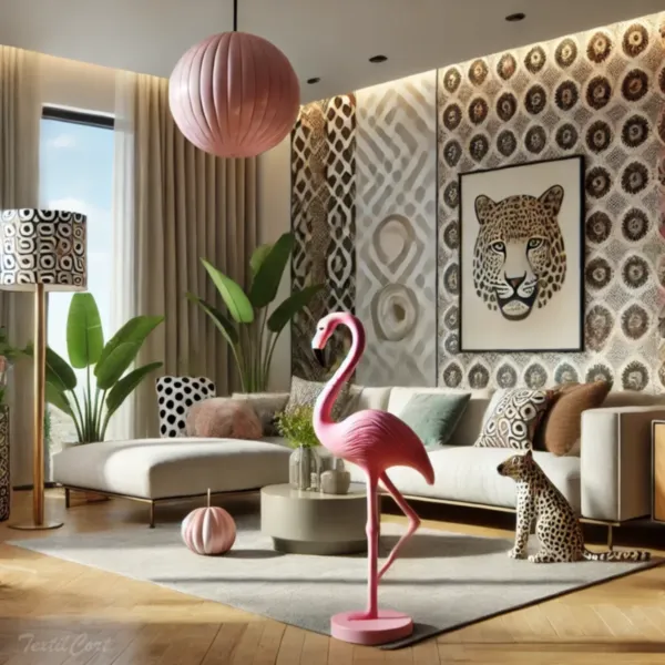 Cortinas estilo kitsch sutil en salón contemporáneo con piezas icónicas