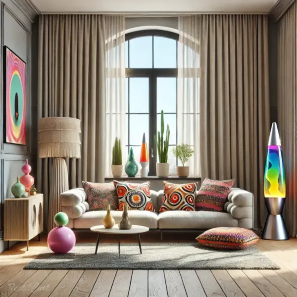 Cortinas estilo kitsch sutil en salón elegante con acentos decorativos