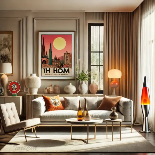 Cortinas estilo kitsch sutil en salón elegante con guiños retro