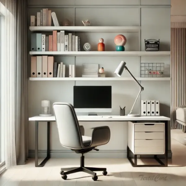 Cortinas estilo kitsch sutil en despacho moderno y minimalista