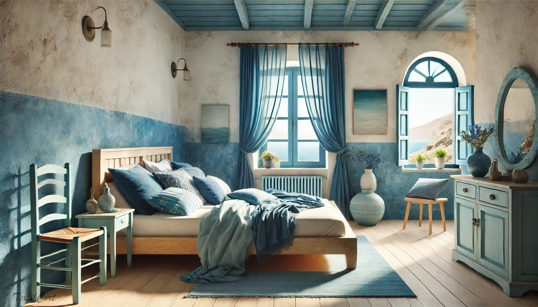 Cortinas estilo Islas Griegas en dormitorio luminoso con tonos azules y vistas al mar