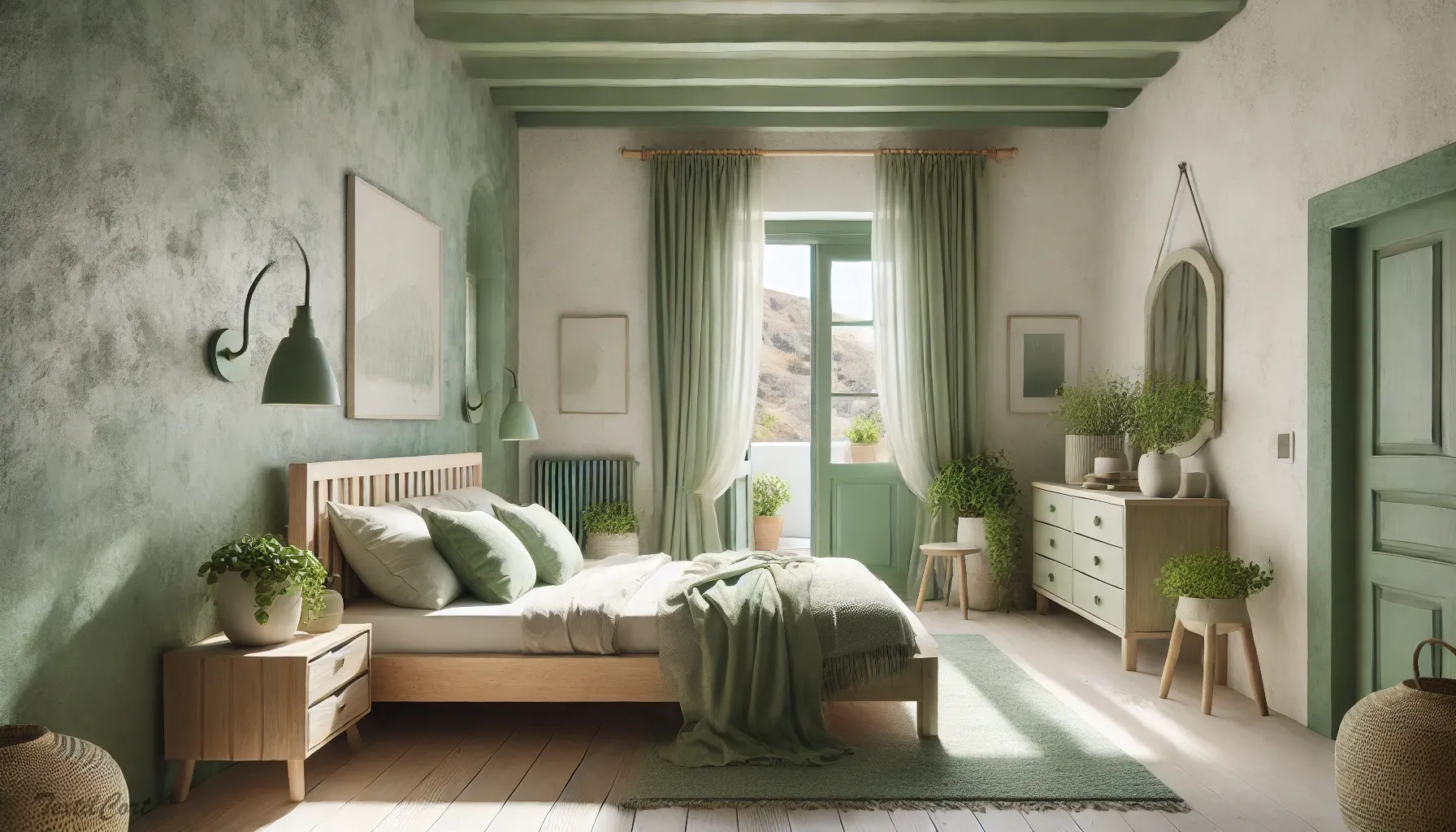 Cortinas estilo Islas Griegas en dormitorio con tonos verdes y vistas al paisaje mediterráneo
