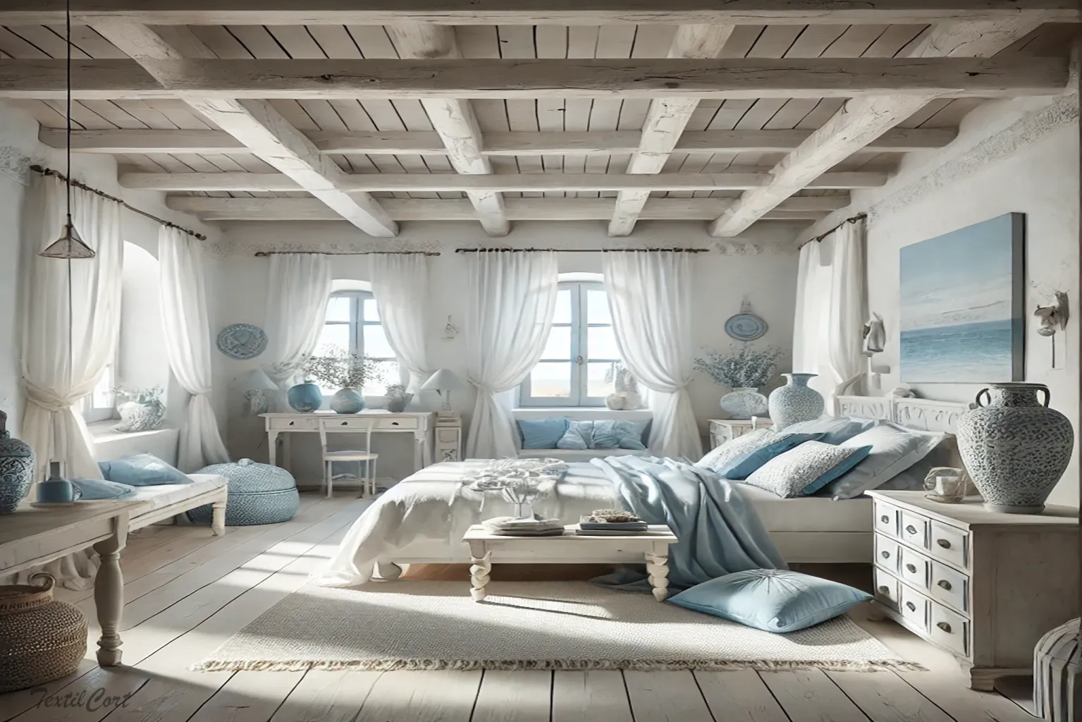 Cortinas estilo ibicenco en dormitorio luminoso con detalles naturales y tonos azules