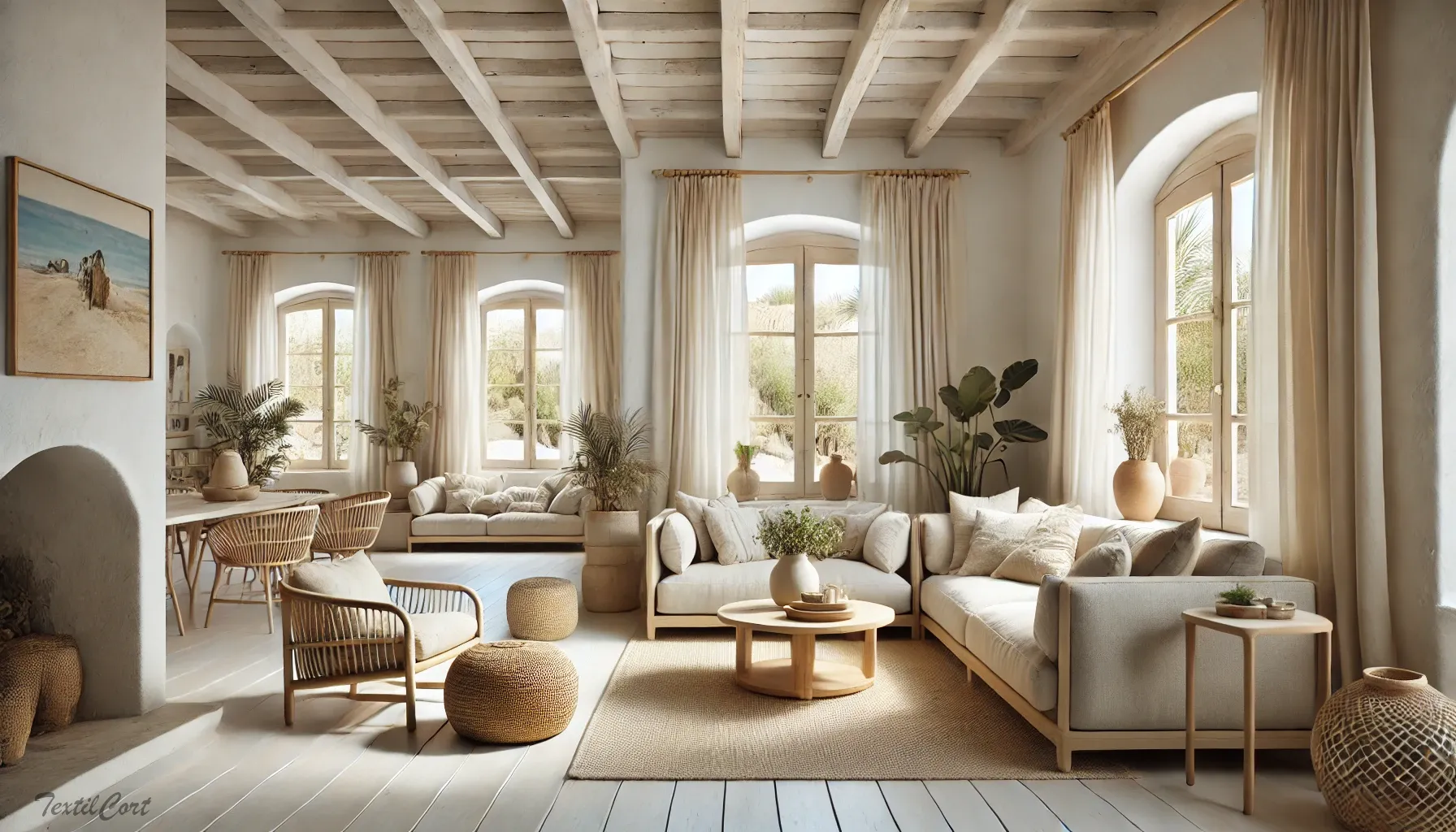 Cortinas estilo ibicenco en salón luminoso con mobiliario natural y detalles sencillos