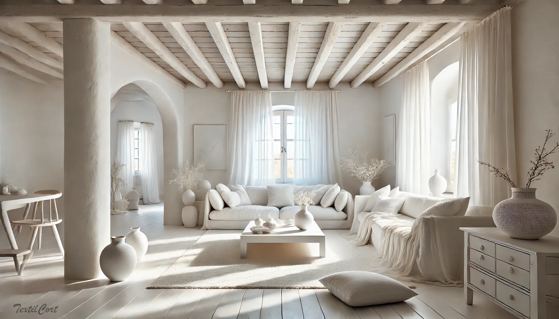 Cortinas estilo ibicenco en salón luminoso con decoración blanca y detalles minimalistas