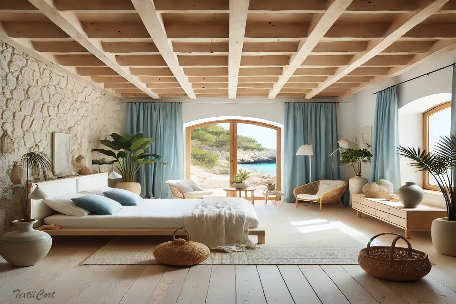 Cortinas estilo ibicenco en dormitorio luminoso con vistas al mar y decoración natural