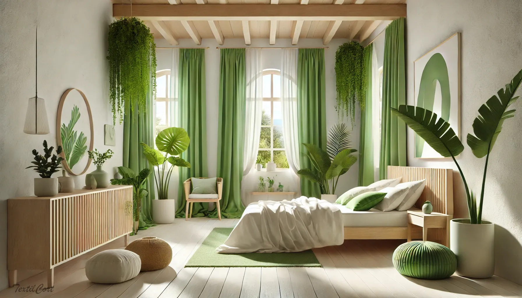Cortinas estilo ibicenco en dormitorio luminoso con detalles en verde y decoración natural