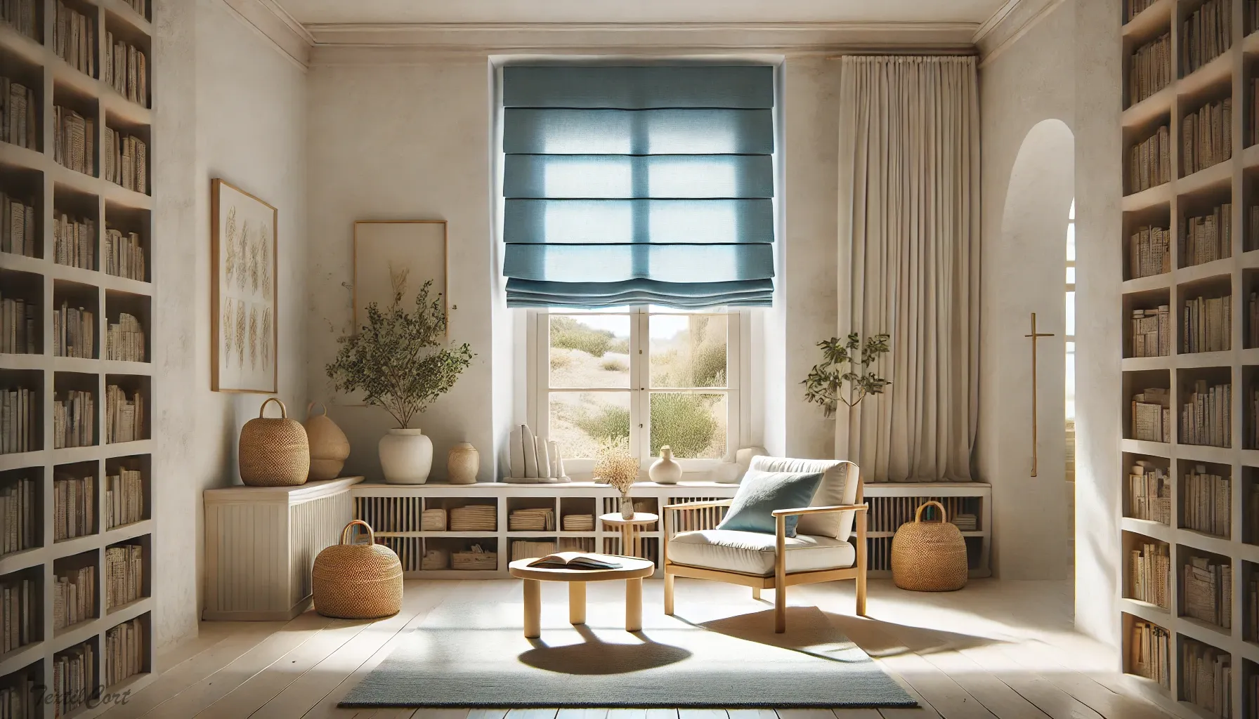 Cortinas estilo ibicenco en sala de lectura luminosa con estores romanos y detalles naturales