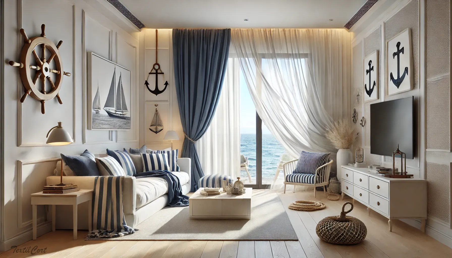 Cortinas estilo mediterráneo en salón náutico con detalles marineros y vistas al mar