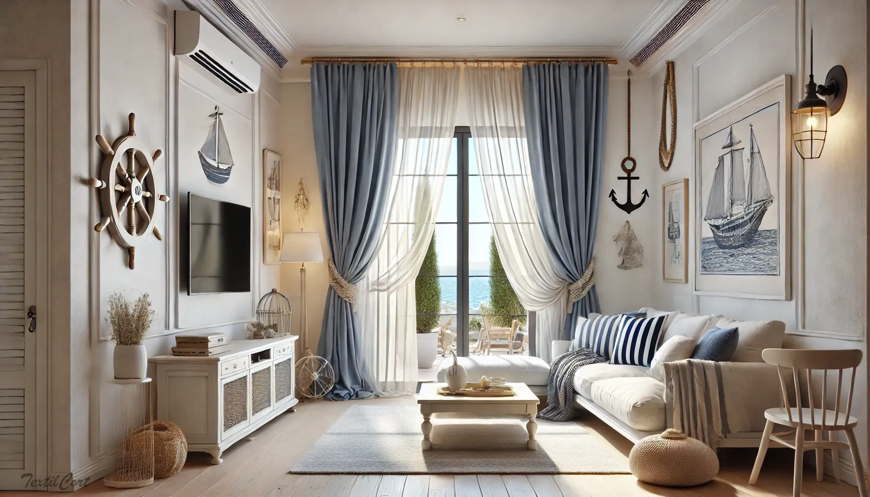 Cortinas estilo mediterráneo náutico en salón luminoso con vistas al mar