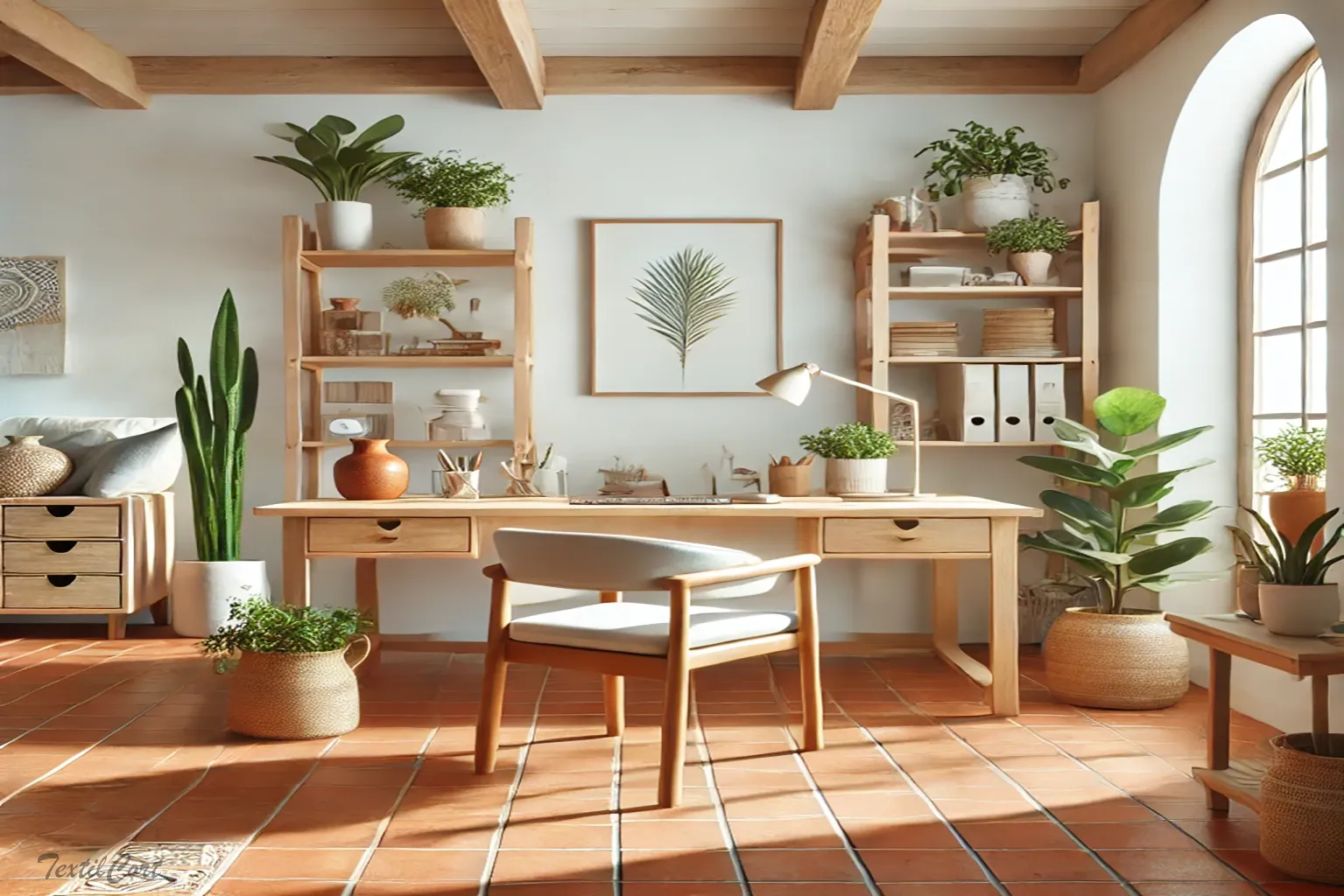 Oficina estilo mediterráneo con mobiliario natural y plantas