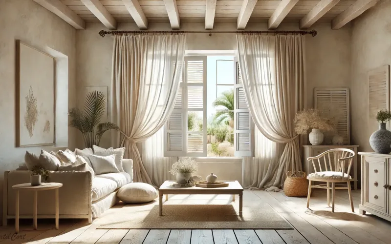 Salón de estilo mediterráneo con ventanales y detalles naturales – TextilCort