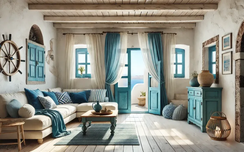 Estancia estilo Islas Griegas en salón con vistas al mar y decoración mediterránea