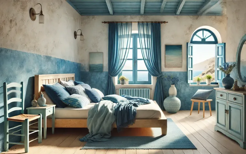 Cortinas estilo Islas Griegas en dormitorio luminoso con tonos azules y vistas al mar