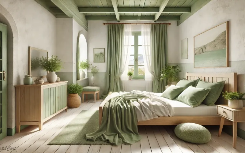 Cortinas estilo Islas Griegas en dormitorio luminoso con tonos verdes y decoración natural