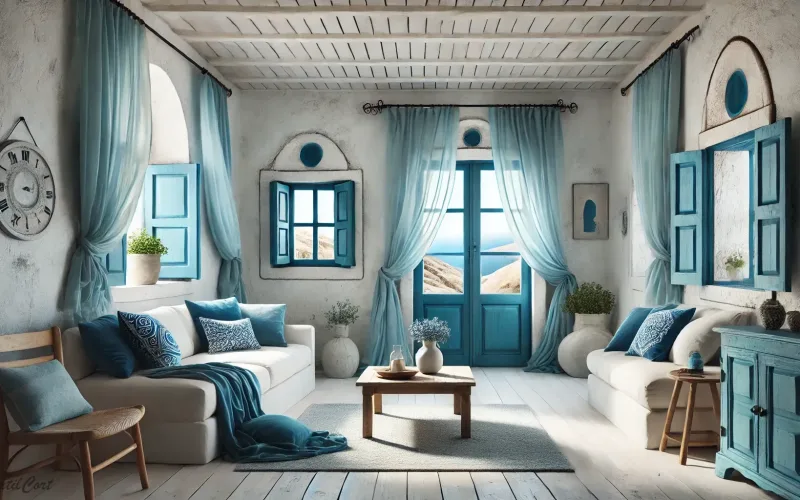 Interior mediterráneo con luz natural y cortinas ligeras