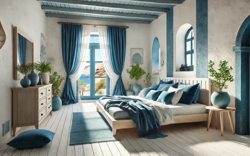 Cortinas estilo Islas Griegas en dormitorio luminoso con vistas al mar y tonos azules