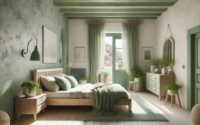 Cortinas estilo Islas Griegas en dormitorio con tonos verdes y vistas al paisaje mediterráneo