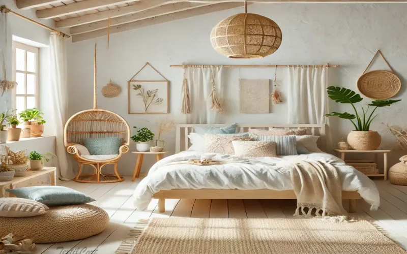 Cortinas estilo Islas Griegas en dormitorio con muebles naturales y decoración bohemia