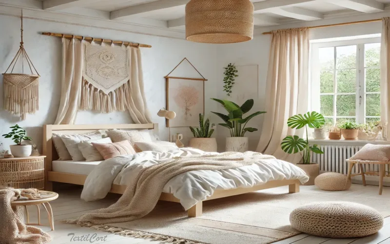 Cortinas estilo Islas Griegas en dormitorio bohemio con tonos neutros y detalles naturales