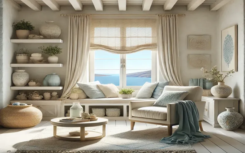 Cortinas estilo Islas Griegas en salón luminoso con detalles naturales y vistas al mar