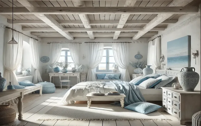 Cortinas estilo ibicenco en dormitorio luminoso con detalles naturales y tonos azules