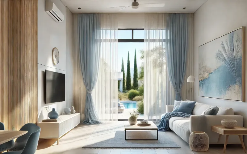 Dormitorio de estilo mediterráneo con cortinas de lino y decoración natural