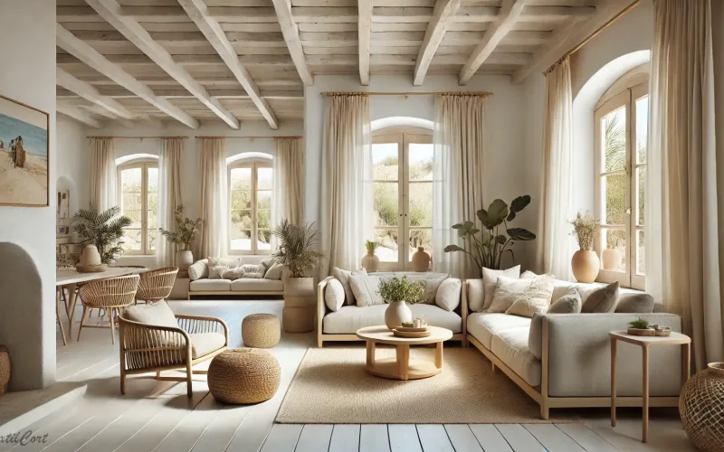 Cortinas estilo ibicenco en salón luminoso con mobiliario natural y detalles sencillos