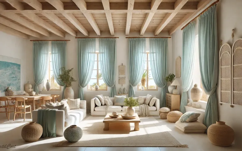 Cortinas estilo ibicenco en salón luminoso con muebles naturales y detalles en azul