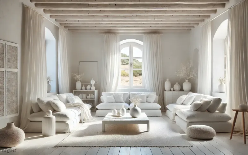 Cortinas estilo ibicenco en salón luminoso con decoración minimalista en blanco