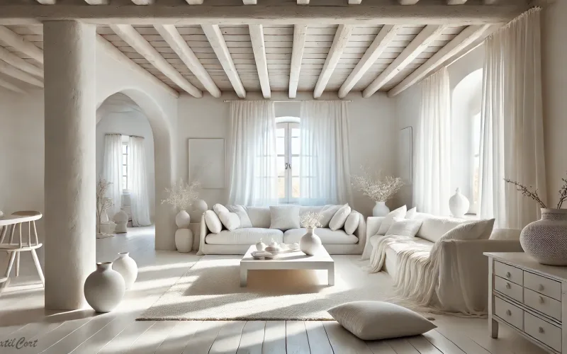 Cortinas estilo ibicenco en salón luminoso con decoración blanca y detalles minimalistas