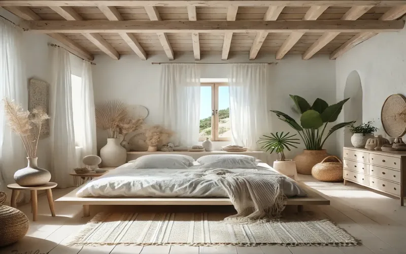 Cortinas estilo ibicenco en dormitorio luminoso con decoración natural y detalles en tonos neutros