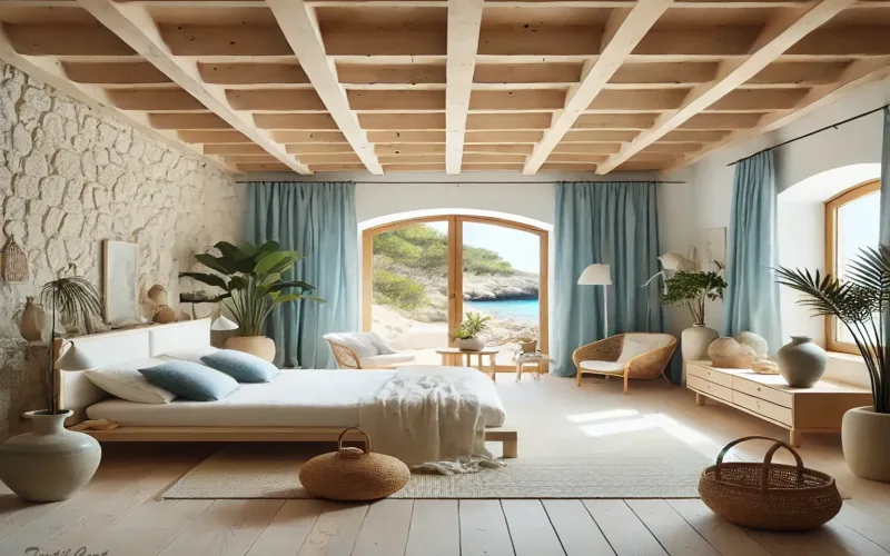 Dormitorio ibicenco con cortinas marinas y decoración natural