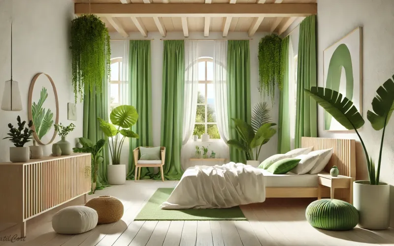 Cortinas estilo ibicenco en dormitorio luminoso con detalles en verde y decoración natural
