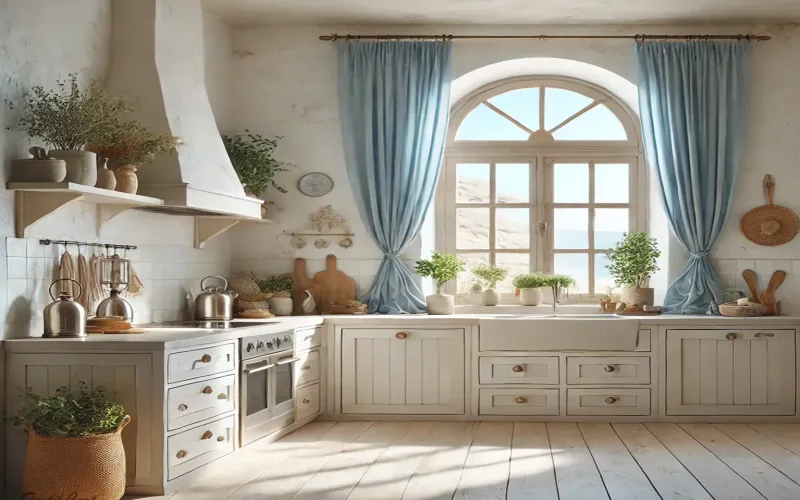 Cortinas estilo ibicenco en cocina luminosa con detalles naturales y suaves tonos azules