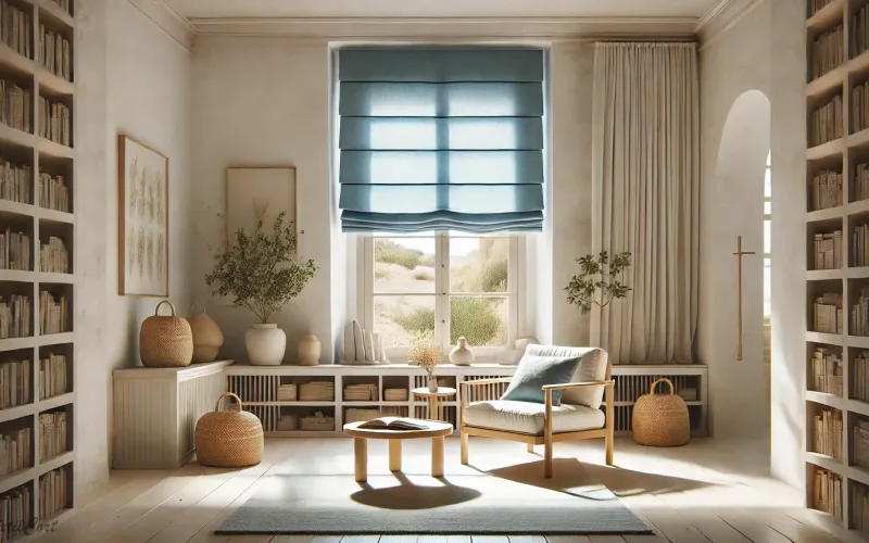 Cortinas estilo ibicenco en sala de lectura luminosa con estores romanos y detalles naturales